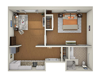 3D rendering of the 1 Bedroom Deluxe Senior Apartment floor plan at Querencia Senior Living Community in Austin, TX