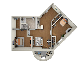 3D rendering of the 2 Bedroom Corner Senior Apartment floor plan at Querencia Senior Living Community in Austin, TX