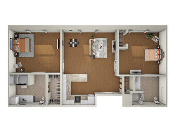 3D rendering of the 2 Bedroom Grand Senior Apartment floor plan at Querencia Senior Living Community in Austin, TX