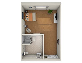 3D rendering of the memory care suite Senior Apartment floor plan at Querencia Senior Living Community in Austin, TX