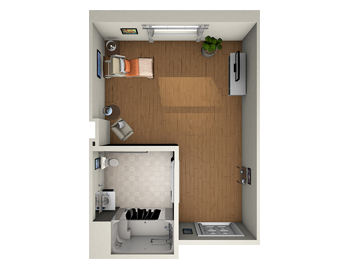 3D rendering of the private memory care suite Senior Apartment floor plan at Querencia Senior Living Community in Austin, TX