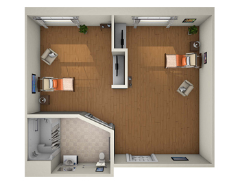 3D rendering of the semi-private memory care suite Senior Apartment floor plan at Querencia Senior Living Community in Austin, TX